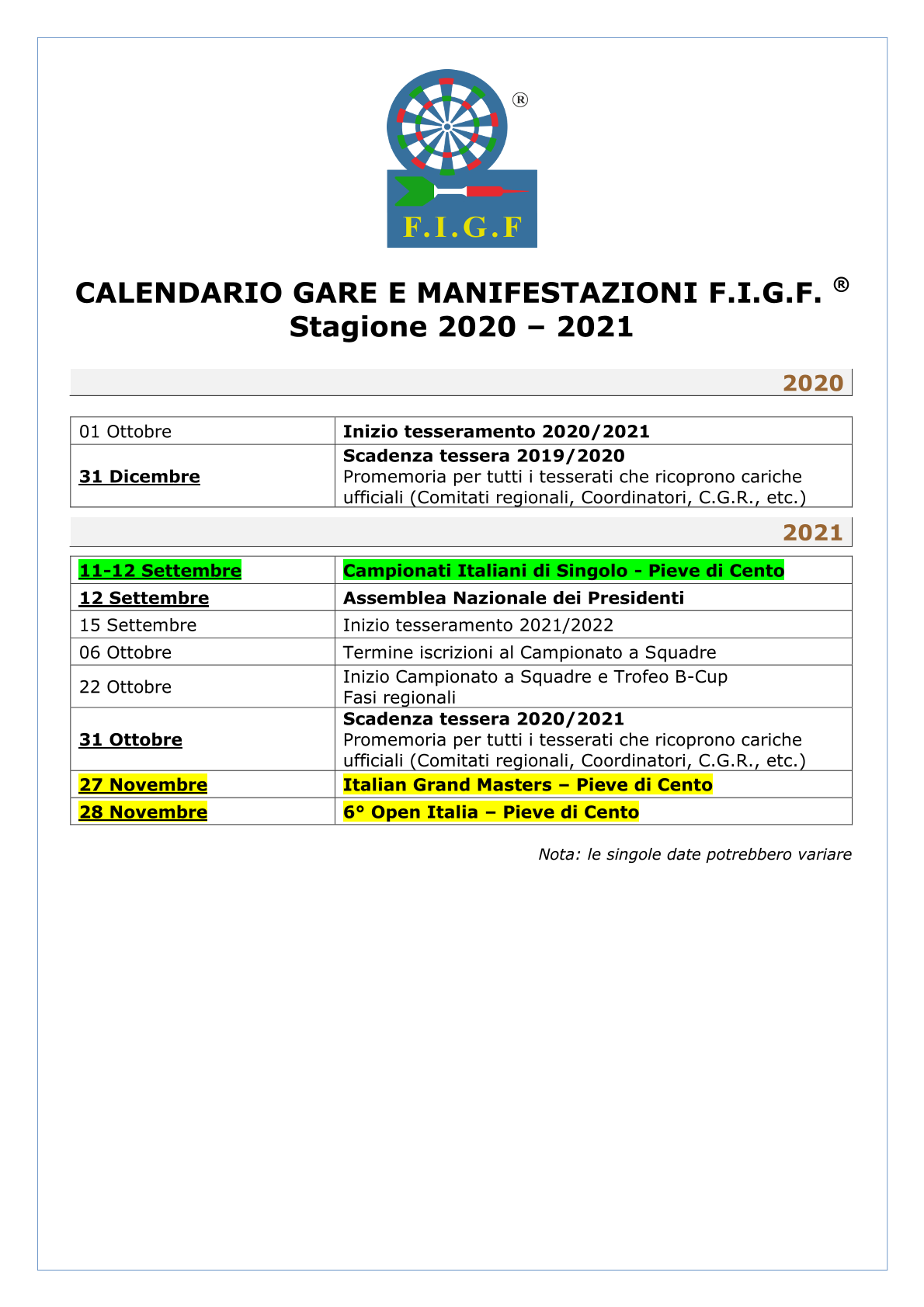 CALENDARIO GARE E MANIFESTAZIONI F.I.G.F. TRE